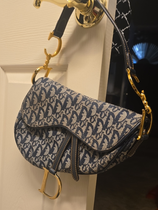 Dior Handbags - Dior Blue and Cream Saddle Shoulder Bag with Gold Hardware
